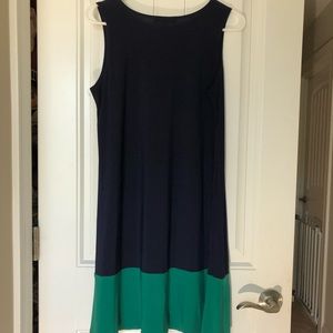 Navy Blue and Green Sleeveless Midi Dress